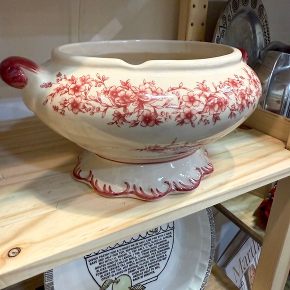 90s Vintage style Cracker Barrel Red & White Fall Porcelain Lidded Soup Tureen - Picture 4 of 8